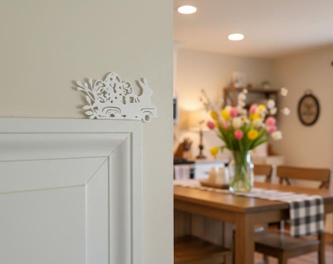 Easter Door Corner Decor – Bunny Truck with Eggs Spring Decoration, Farmhouse Holiday Home Decor, White Corner Sign