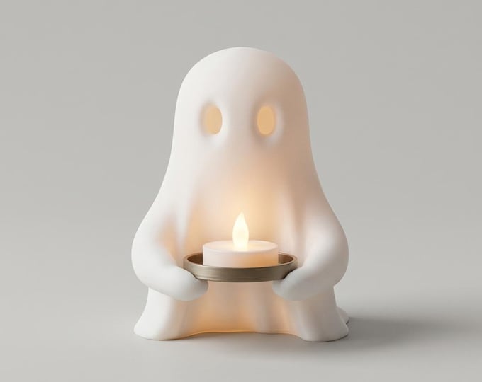 Halloween Ghost with LED Candle Tray, 3D Printed White PLA Tea Light Holder