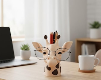 Porta lápices y gafas con forma de jirafa / Bonito organizador de escritorio para bolígrafos, marcadores y gafas / Decoración de oficina con diseño de animales de safari