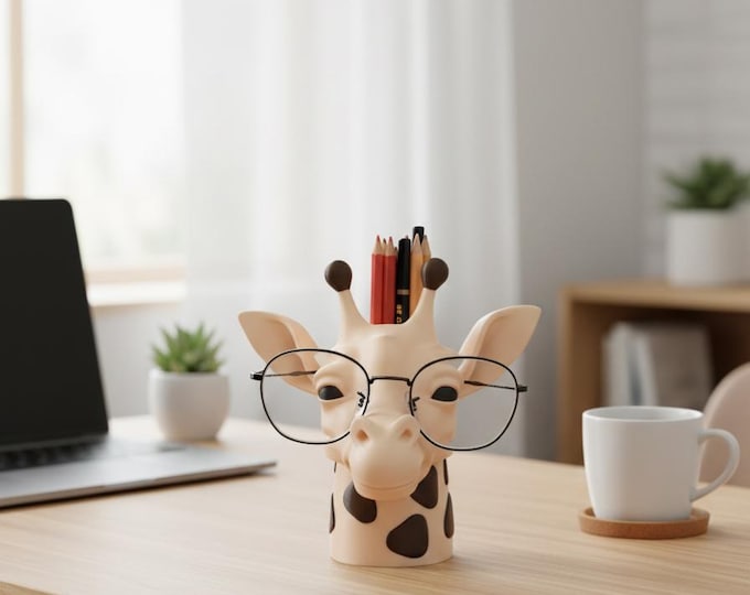Giraffe Pencil and Glasses Holder | Cute Desk Organizer for Pens, Markers & Eyeglasses | Safari Animal Office Decor Gift
