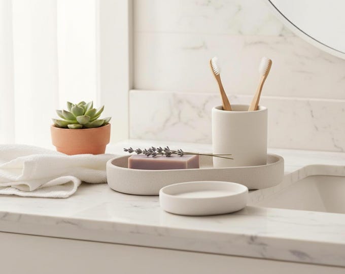 3D Printed Bathroom Organizer Set – 3-Piece Countertop Storage, Toothbrush & Toothpaste Holder, Minimalist Vanity Decor