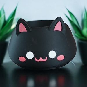 Black Cat Head Planter – Cute Kitty Plant Pot with Pink Accents, Small Cat Succulent Planter, 4 Inch Animal Lover Gift