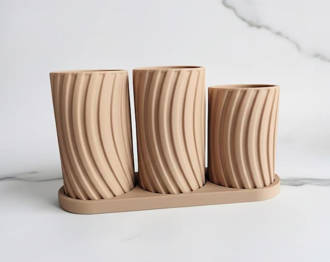 3 Compartment Toothbrush Holder – Modern Bathroom Organizer, Countertop Storage Stand, Minimalist Decor