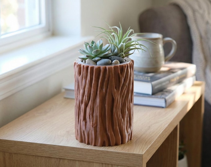 Wood Stump Vase, Tree Trunk Vase, Woodland Decor, Rustic Cabin Accent, 6 Inch Vase, Housewarming Gift, 3D Printed PLA