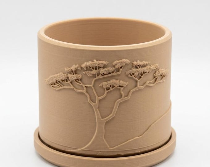 Succulent Planter with Tree Design – 3D Printed Desk Plant Pot with Saucer