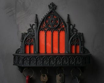 Gothic Wall Shelf Key Holder – Cathedral Arch Entryway Organizer, Dark Home Decor