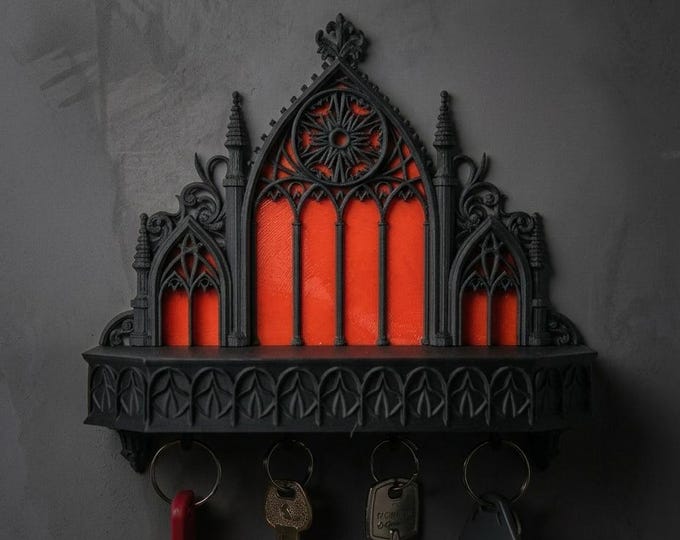 Gothic Wall Shelf Key Holder – Cathedral Arch Entryway Organizer, Dark Home Decor
