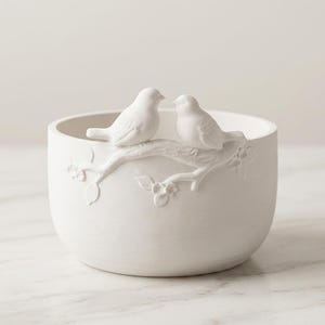 May include: A white ceramic bowl with two small birds perched on a branch. The branch and birds are raised from the surface of the bowl. The bowl has a smooth, matte finish and is suitable for decorative use.