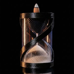 May include: A black hourglass-shaped incense burner with a clear glass tube. The burner has a spiral design and holds a lit incense cone. The smoke from the incense creates a wispy effect, enhancing the visual appeal.
