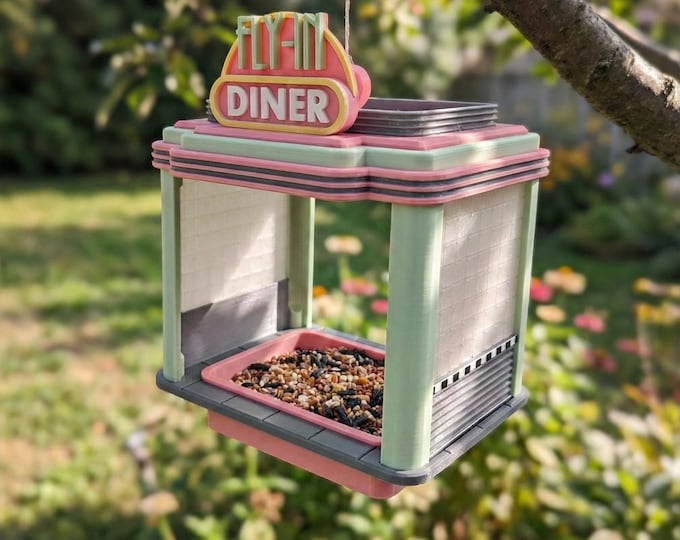 Retro Diner Bird Feeder, 3D Printed Hanging Birdfeeder, Neon Diner Birdhouse Style, Backyard Patio Decor, Gift for Bird Lovers