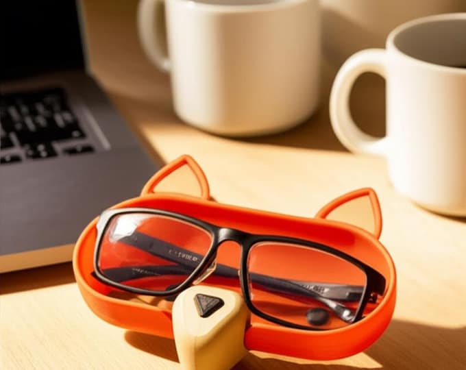 Animal Eyeglass Holder 6.5" Fox Bear Bunny Desk Organizer, Cute Glasses Stand Tray, Kawaii Office Decor, Teacher Gift