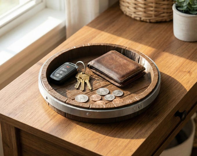 Rustic Catchall Tray, Whiskey Barrel Lid Decor, 3D Printed Entryway Organizer, Farmhouse Key Bowl for Men, Man Cave Bourbon Gift