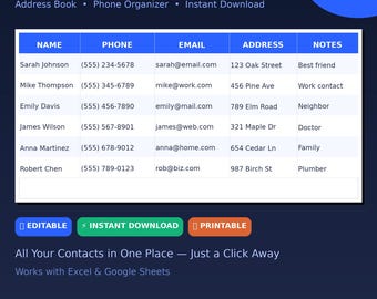 May include: A contact list template with a blue and white design. The template includes fields for name, phone, email, address, and notes. The text "CONTACT LIST TEMPLATE" is at the top. Buttons for "EDITABLE", "INSTANT DOWNLOAD", and "PRINTABLE" are at the bottom.