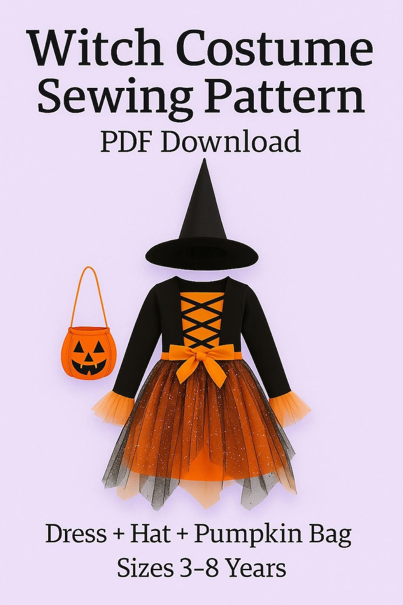 Witch Costume Sewing Pattern PDF: Kids Dress, Hat & Pumpkin Bag (3-8 ...