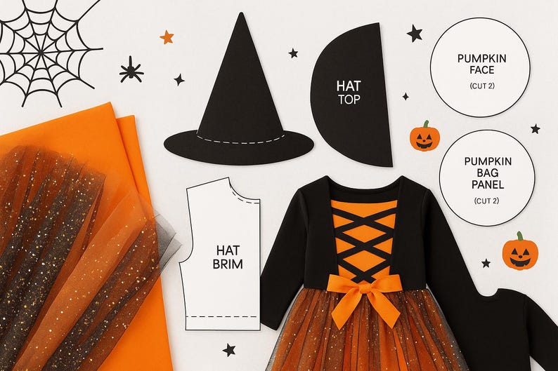 Witch Costume Sewing Pattern PDF: Kids Dress, Hat & Pumpkin Bag (3-8 ...
