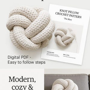 Puede incluir: Un cojín anudado de color crema y un patrón de ganchillo titulado "Knot Pillow Crochet Pattern". El patrón es un PDF digital con pasos fáciles de seguir. El texto "Make your own knot pillow!" está en la parte superior.