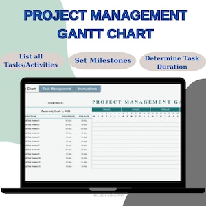 Könnte beinhalten: Ein Laptop-Bildschirm zeigt eine Projektmanagement-Gantt-Chart-Vorlage an. Die Tabelle trägt den Titel "Project Management Gantt Chart" und enthält Abschnitte zum Auflisten von Aufgaben, zum Festlegen von Meilensteinen und zur Bestimmung der Aufgabendauer. Die Tabelle ist mit "Pazartesi, Ocak 1, 2024" datiert und enthält eine Kalenderansicht mit Spalten für jeden Tag des Monats.