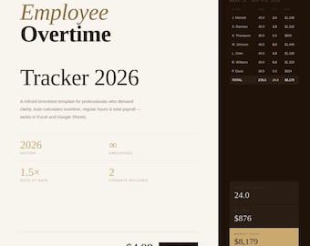 Überstunden Timesheet 2026, Mitarbeiterstunden Tracker Excel, Gehaltsabrechnungstabelle, Small Business Wochenplan, Google Sheets Download