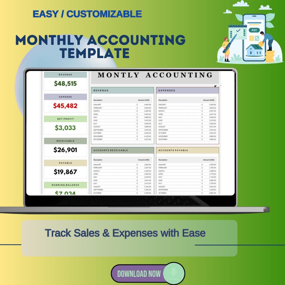 Monthly Accounting Template| Track Income, Expenses &amp; Inventory Effortlessly - Etsy