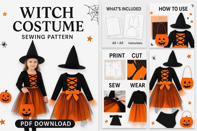 Witch Costume Sewing Pattern PDF: Kids Dress, Hat & Pumpkin Bag (3-8 ...