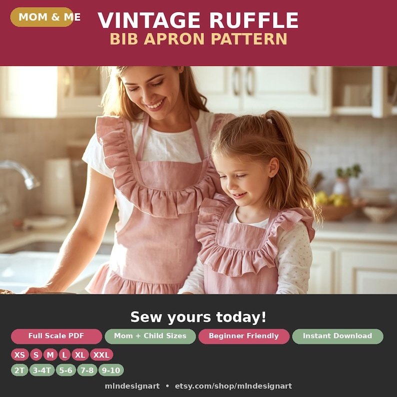 Vintage Ruffle Bib Apron Sewing Pattern (mom & Me), All Sizes (PDF ...
