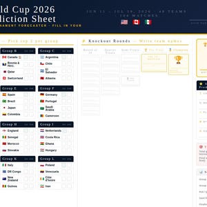 Puede incluir: Una hoja de predicción de la Copa del Mundo 2026 con secciones para las selecciones de la fase de grupos, las rondas eliminatorias y las predicciones especiales. La hoja incluye espacios para rellenar los nombres de los equipos y una guía de puntuación.