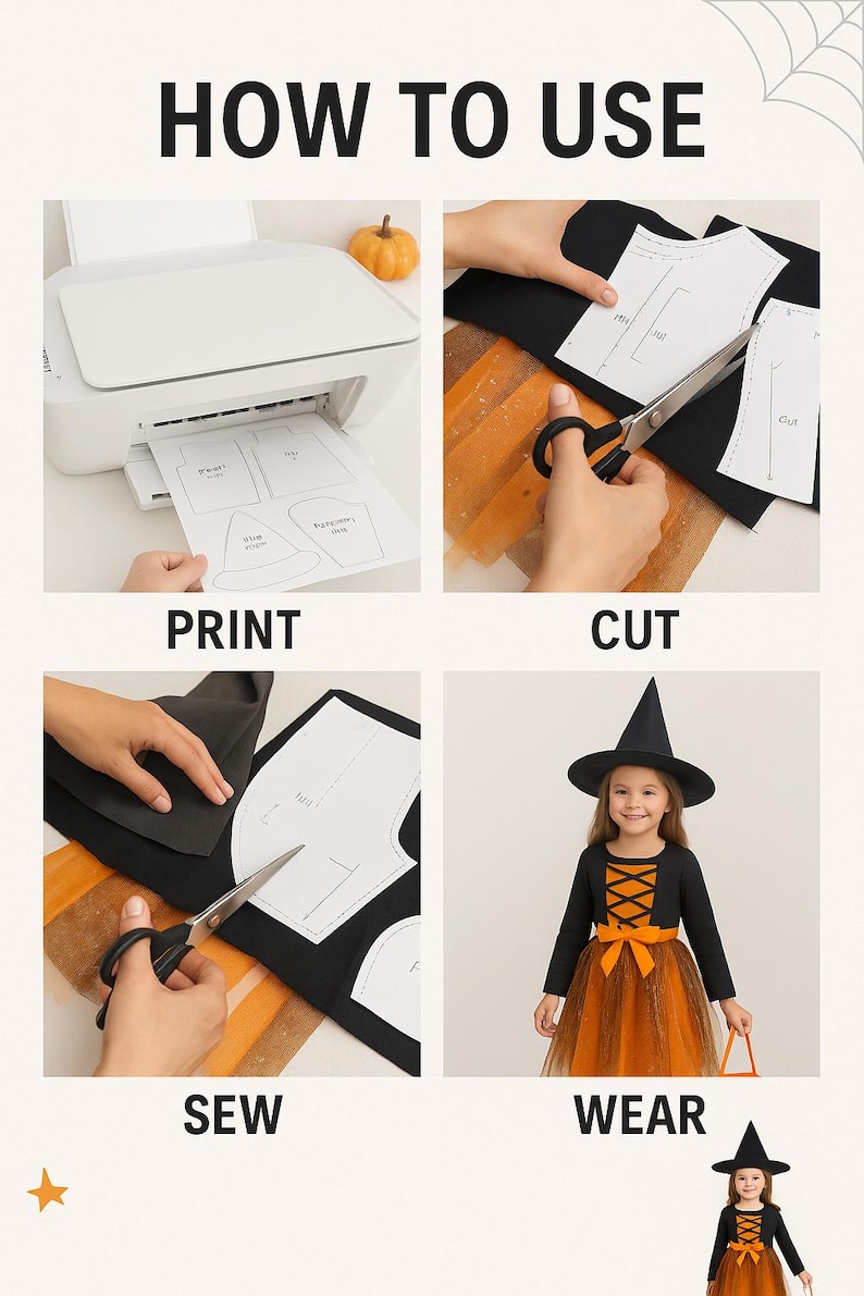 Witch Costume Sewing Pattern PDF: Kids Dress, Hat & Pumpkin Bag (3-8 ...