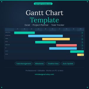 Könnte beinhalten: Eine Gantt-Diagramm-Vorlage mit dunkelblauem Hintergrund. Das Diagramm zeigt Projektphasen mit farbigen Balken, die die Aufgaben dauern. Text enthält "Excel", "Project Planner" und "Task Tracker". Schaltflächen unten lauten "Task Management", "Milestones", "Timeline View" und "Auto-Update".