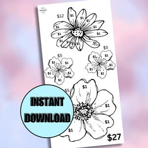 Könnte beinhalten: Schwarz-Weiß-Blumenillustrationen mit Preisschildern. Das Bild enthält eine große Gänseblümchen, mehrere kleinere Blumen und den Text "INSTANT DOWNLOAD". Die Preisschilder sind mit Euro-Beträgen versehen.