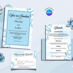 Dusty Blue Wedding Invitation Template Set: Elegant Canva Design (Digital Download)