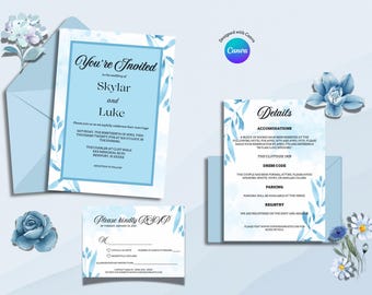 Dusty Blue Wedding Invitation Template Set: Elegant Canva Design (Digital Download)