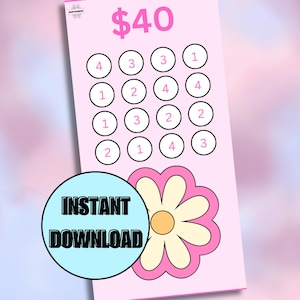 Puede incluir: Una tarjeta de bingo imprimible rosa y blanca con el número 40 en la parte superior y las palabras "INSTANT DOWNLOAD" en un círculo azul. La tarjeta tiene 16 círculos con los números 1, 2, 3 y 4 en cada círculo.