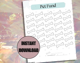 Może przedstawiać: Drukowany tracker oszczędności Pet Fund z ilustracjami kości. Słowa "Pet Fund" znajdują się na górze, a "Natychmiastowe pobieranie" w okręgu na dole. Tracker ma miejsca do śledzenia oszczędności.