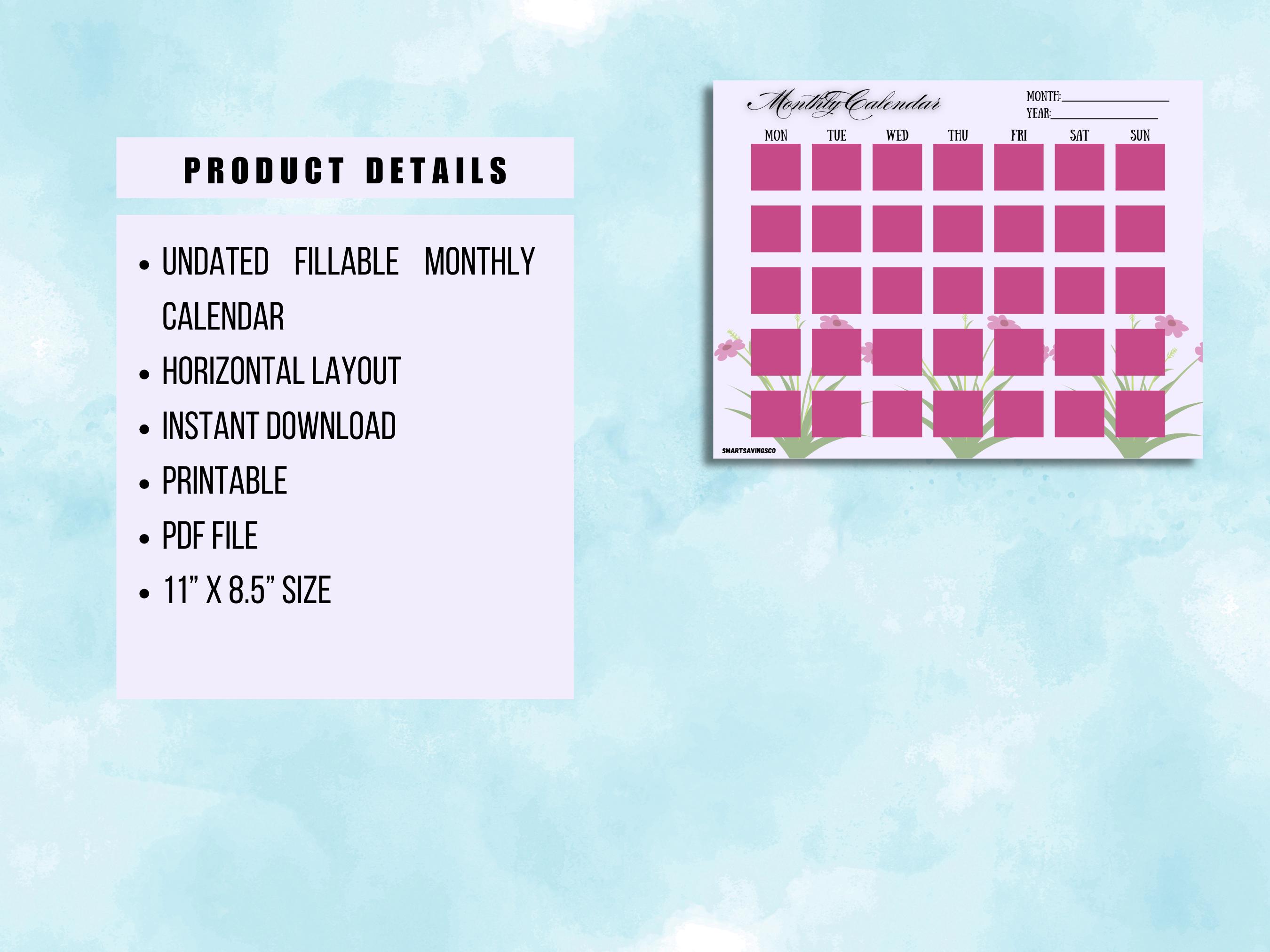 Calander Customizeable Customizable Monthly Calendar Printable: Undated Digital Planner (11x8 ...