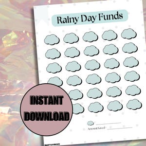 Puede incluir: Un rastreador de ahorro imprimible "Rainy Day Funds". El diseño presenta una pancarta azul claro con el texto "Rainy Day Funds" y 28 ilustraciones de nubes. Un círculo con el texto "INSTANT DOWNLOAD" está en la parte inferior.