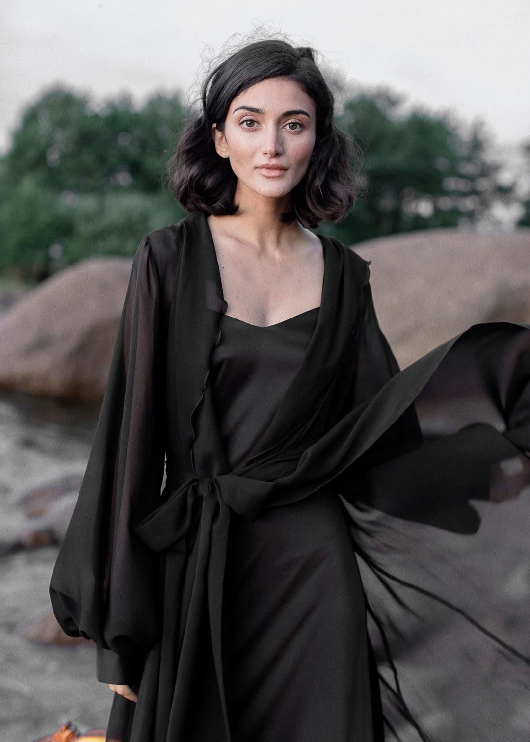 Elegant Chiffon Robe and Satin Slip Dress, Two-piece Boudoir Set for ...