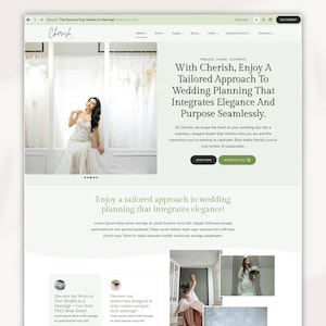 May include: A website homepage for "Cherish," a wedding planning service. The page features a woman in a wedding dress, text promoting tailored wedding planning, and links to learn more and schedule a call.