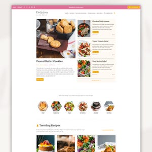 Puede incluir: Un sitio web para Delicious, un blog de comida que ofrece recetas de galletas de mantequilla de maní, pollo con verduras, ensalada de tomate vegana y ensalada de primavera fácil. El sitio web también presenta recetas de tendencia, que incluyen un pastel con fresas y crema batida, una ensalada con verduras coloridas y una hamburguesa con un pan y aderezos.