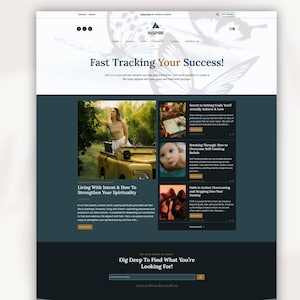 Peut inclure: Page d'accueil du site Web INSPIRE, un site Web qui offre des conseils et des orientations sur la croissance personnelle, la spiritualité et le succès. Le site Web présente un motif de papillon gris clair sur un fond bleu foncé. Le texte "Fast Tracking Your Success!" est affiché en blanc. Le site Web présente également plusieurs articles de blog avec des titres tels que "Secret to Setting Goals You'll Actually Achieve & Love", "Breaking Through: How to Overcome Self-Limiting Beliefs", "Living With Intent & How to Strengthen Your Spirituality", and "Faith in Action: Overcoming and Stepping Into Your Destiny".