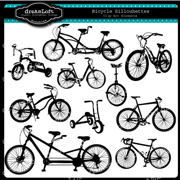Bicycle Silhouettes Clip Art Elements for cards, cameos, screen printing, image transfers, stationary, stencilling, for commercial use.