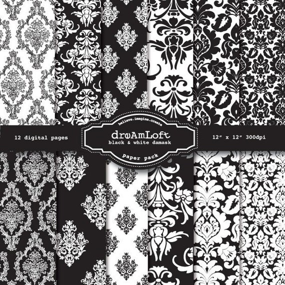 Damask Black and White Digital Paper Pack for web design Etsy