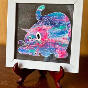 Cuadro acrílico de fantasía de gato y ratón. Chat et souris. Hecho a mano, artesanalmente. 17 x 17 cm. Decoración del hogar.