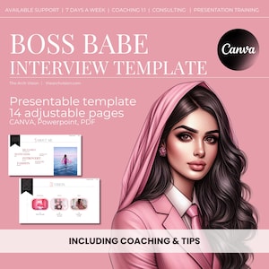 Puede incluir: Una ilustración rosa y blanca de una mujer con un pañuelo rosa. El texto "BOSS BABE INTERVIEW TEMPLATE" está en la parte superior de la imagen. El texto "Presentable template 14 adjustable pages CANVA, Powerpoint, PDF" está debajo de la imagen de la mujer. El texto "INCLUDING COACHING & TIPS" está en la parte inferior de la imagen.