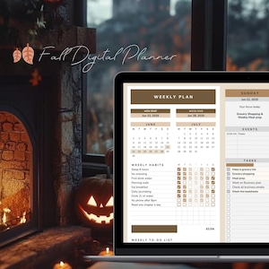 May include: A laptop screen displays a digital planner with a weekly plan, habit tracker, and to-do list. The planner has a fall theme with brown and beige colors. The text "Fall Digital Planner" is at the top. A carved pumpkin and fireplace are in the background.