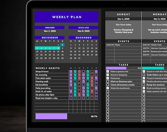 Dark Mode Weekly Planner | Google Sheets to do list, habit tracker, ADHD | Digital Download