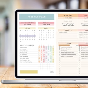 May include: A laptop screen displaying a weekly planner template. The planner includes sections for dates, events, tasks, and weekly habits. The color scheme is soft with pastel hues, and the text "WEEKLY PLAN" is prominently displayed.