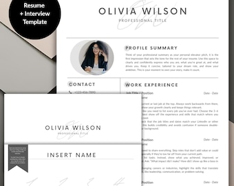 Könnte beinhalten: Professionelle Lebenslaufvorlage mit dem Namen "Olivia Wilson". Das Design umfasst Abschnitte für eine Profilzusammenfassung, Kontaktdaten und Berufserfahrung. Die Vorlage ist in Schwarzweiß gehalten und hat ein klares, modernes Layout.