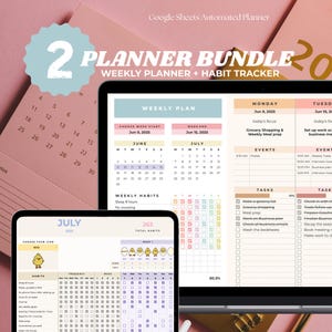 May include: A digital planner bundle with a weekly planner and habit tracker. The image shows a tablet and laptop displaying the planner, along with a pink calendar. The text includes "2 PLANNER BUNDLE" and "WEEKLY PLANNER + HABIT TRACKER".