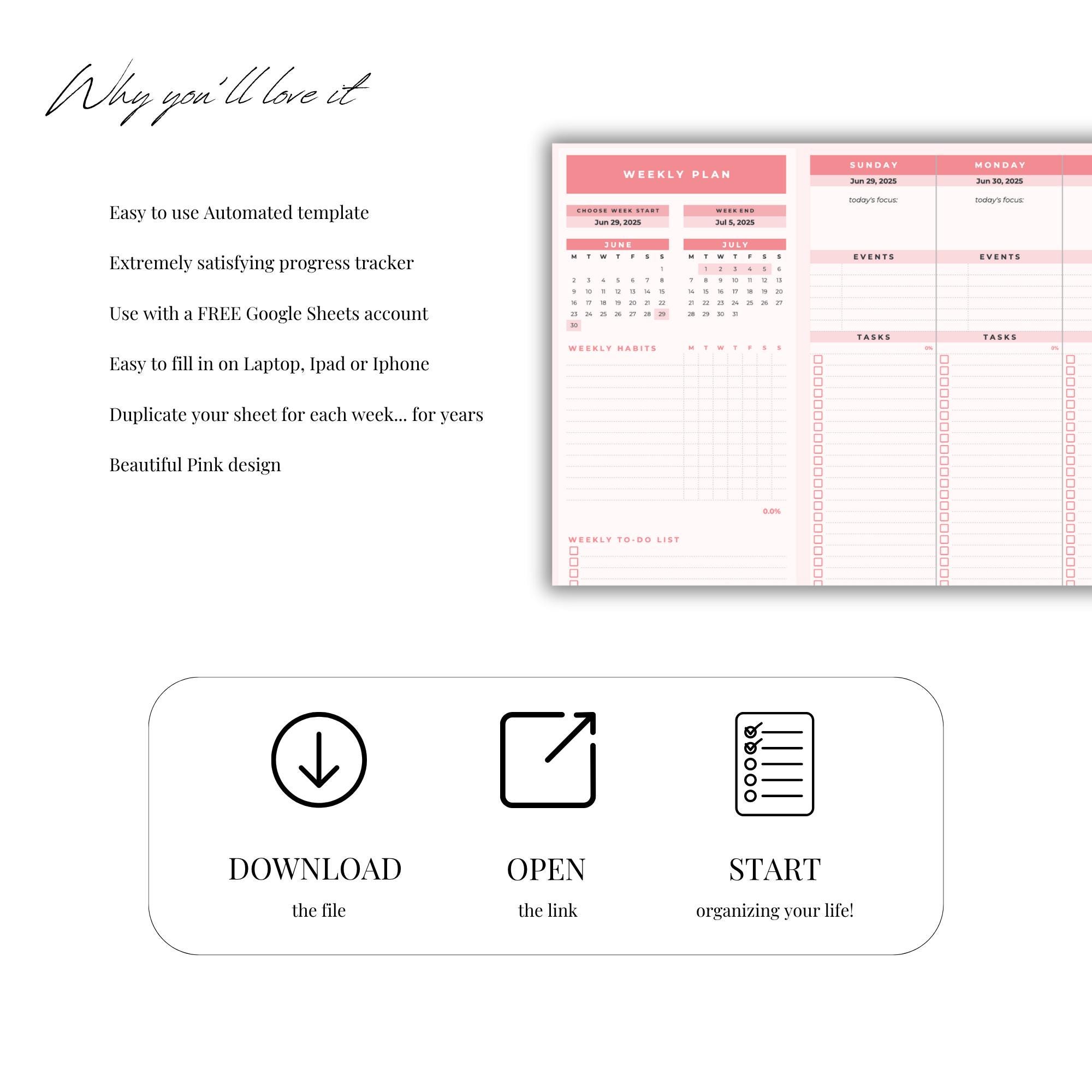 Weekly Planner Google Sheets Template: Pink Feminine Productivity, to ...