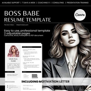 Plantilla de currículum profesional y carta de presentación / CV para Boss Babes / Editable en Canva PowerPoint Word PDF / Solicitud de empleo Crecimiento profesional